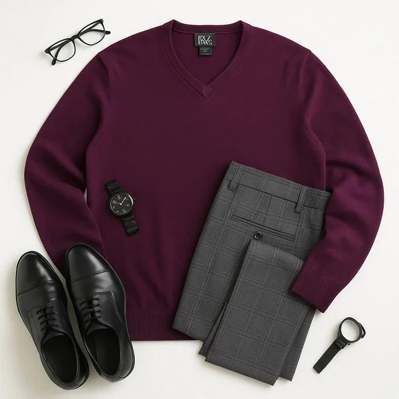 Jos. A. Bank Signature Merino Wool V-Neck Sweater XXL Burgundy Maroon Purple EUC